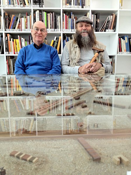 Jack Ginsberg and Williem Boshof sitting at Willem's Druid's Table at the WAM (Wits Art Museum)