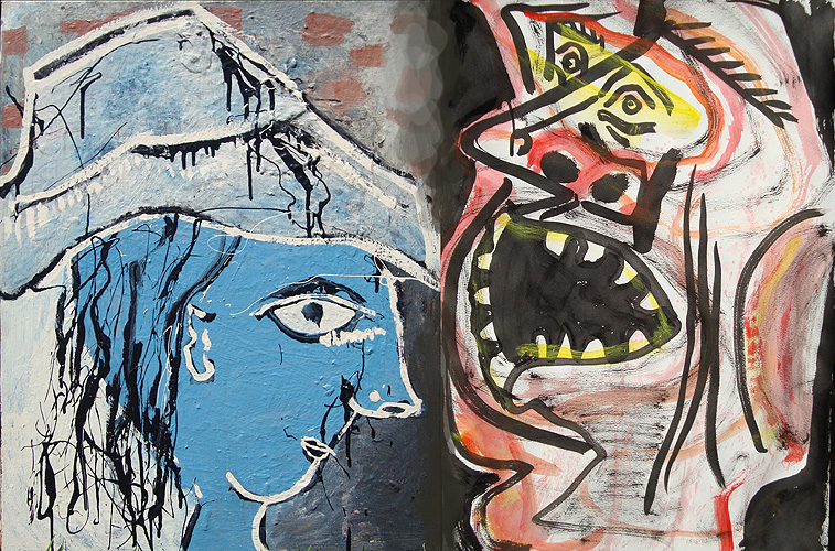 Click the image for a view of: Two images by Juanita Frier and Lionel Murcott, oil on canvas, and Indian ink and acrylic on paper, merged on the computer, 2010-2011